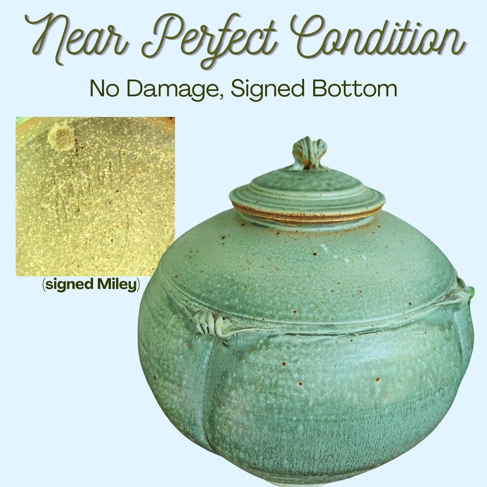 Vintage Stoneware Pot with Lid 13"H | Les Miley! Master Potter, Celadon Green - Picture 4 of 13
